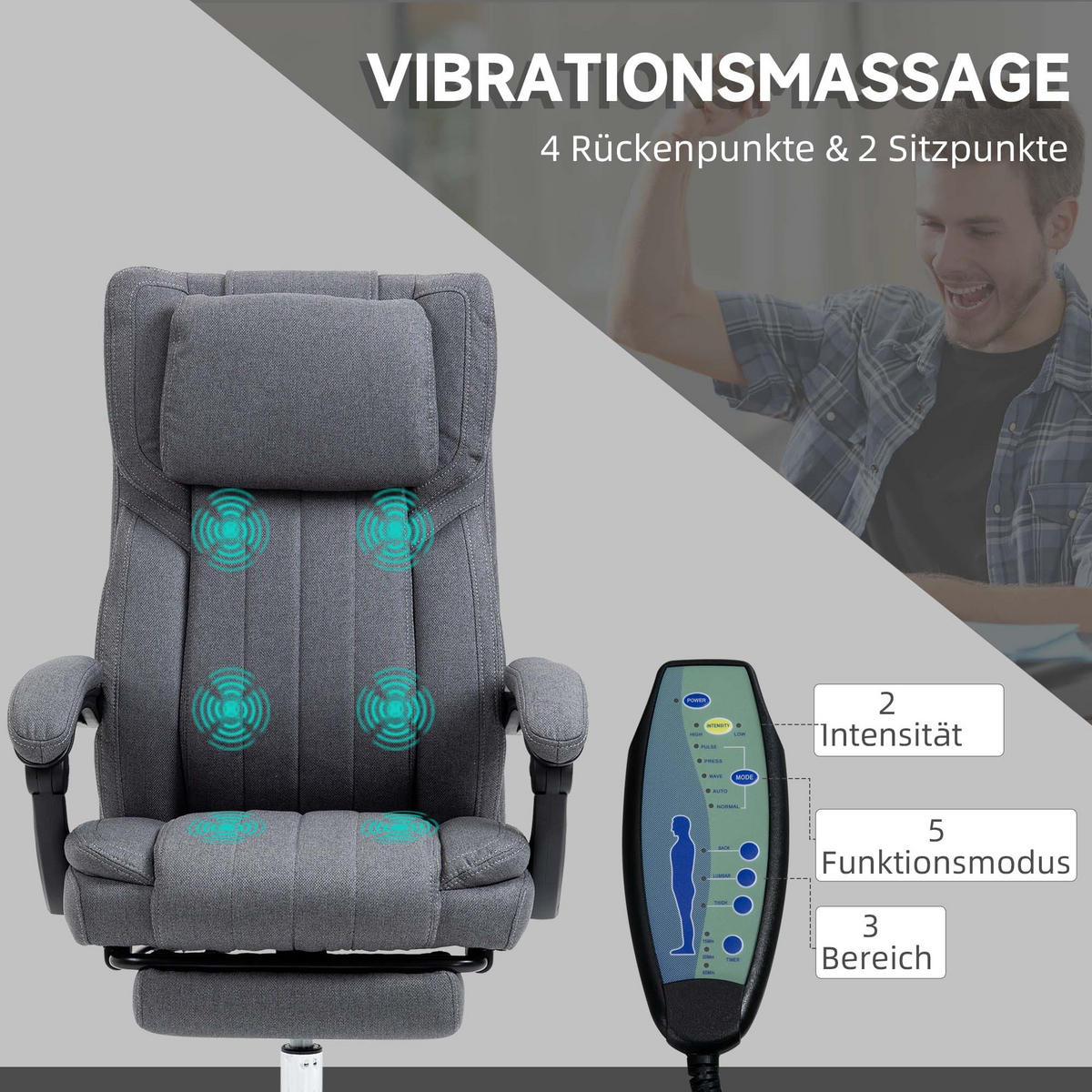 BÜROSTUHL mit Massagefunktion, Grau - Grau, Kunststoff (61/113/65cm) - Vinsetto