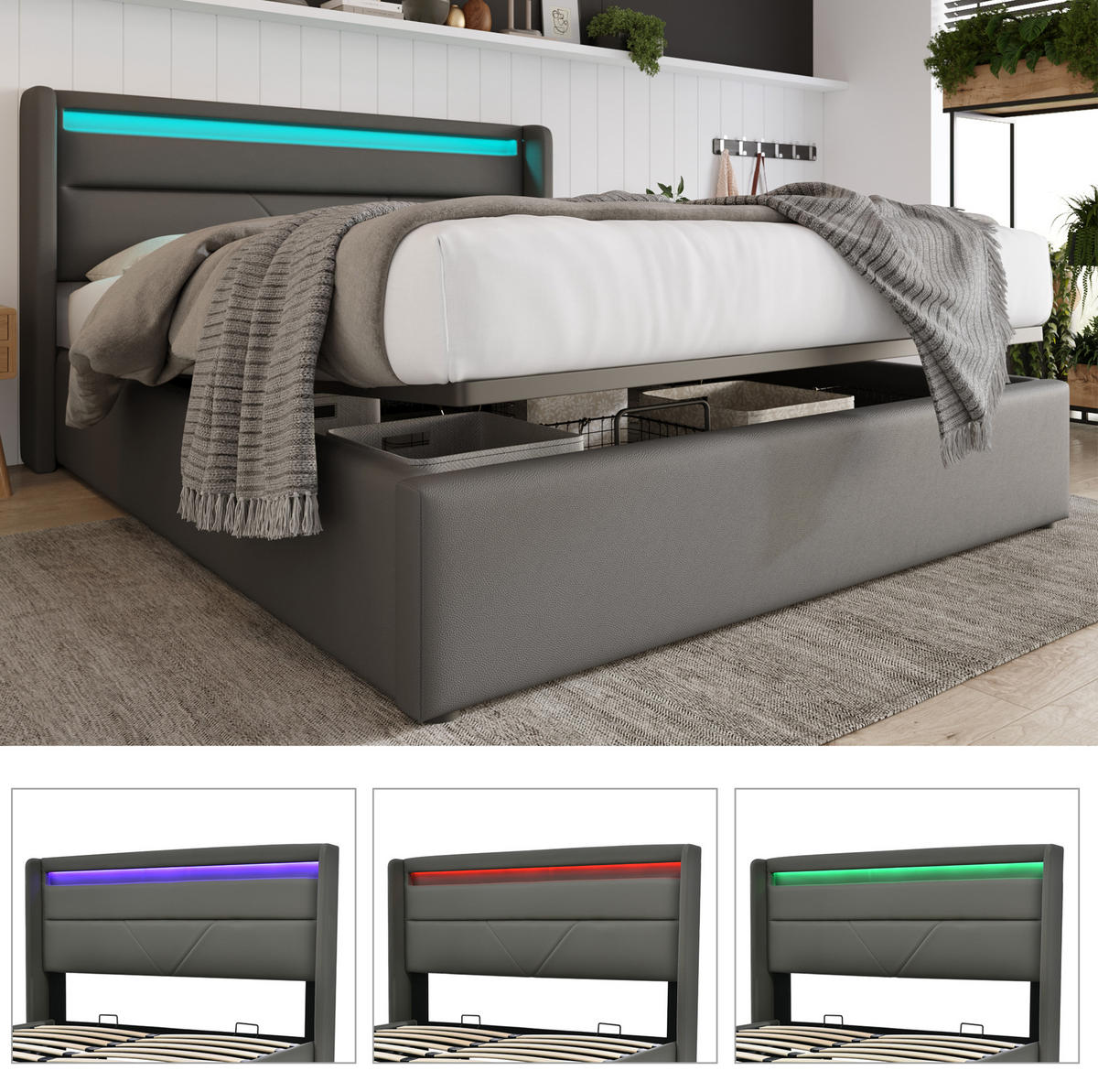 POLSTERBETT 140/200 cm mit hydraulischem Bettkasten & LED-Kopfteil, Grau - Grau, Kunststoff (140/200cm) - Redom