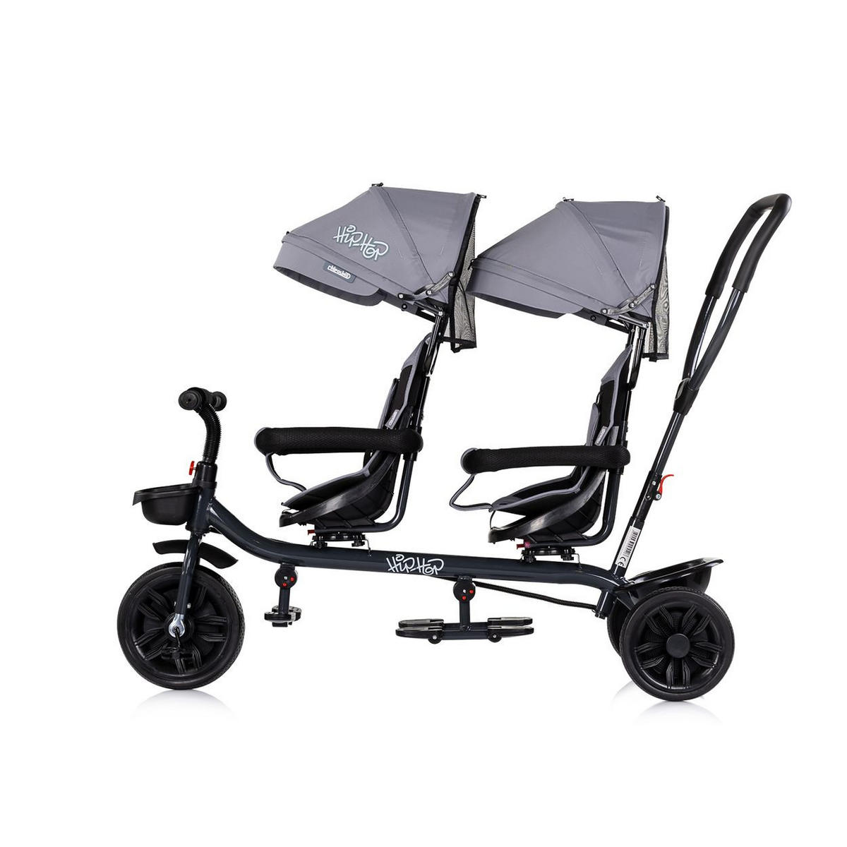 GESCHWISTERDREIRAD Hip Hop grau/schwarz Schiebegriff, Sitze 360° drehbar, Gurte - Schwarz/Grau, Metall (131/49/95cm) - Babyshoppen