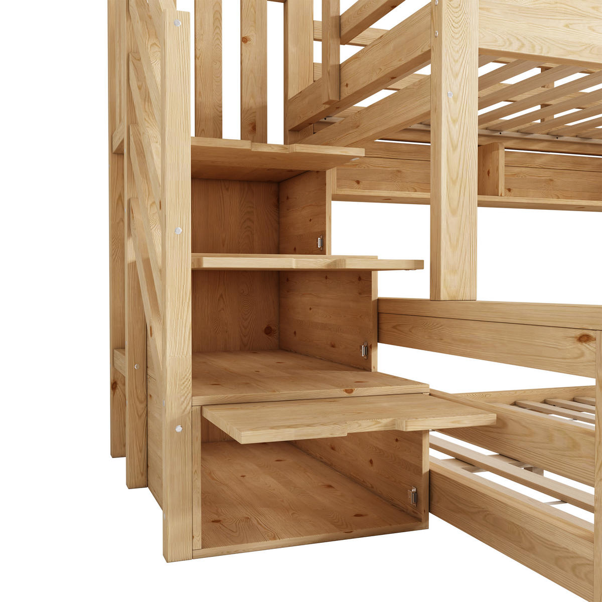 ETAGENBETT 90/200+140/200 mit Treppenschrank, Regalen und Sicherheitsgeländer - Naturfarben, Holz/Holzwerkstoff (140/200cm) - EVRYAE