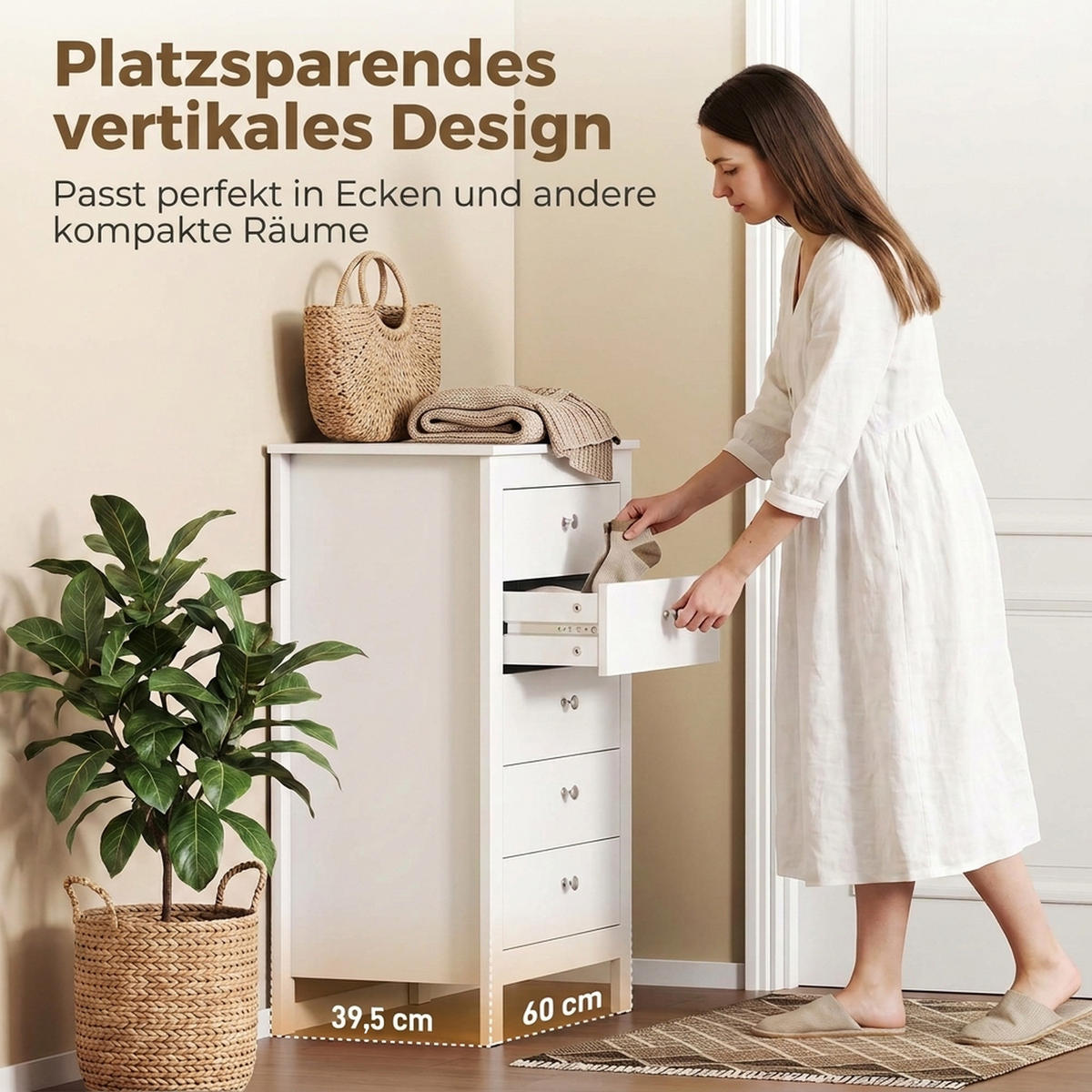 KOMMODE MDF Weiß - Weiß/Nickelfarben, Holzwerkstoff/Kunststoff (39.5/95.3/60cm) - HOMCOM