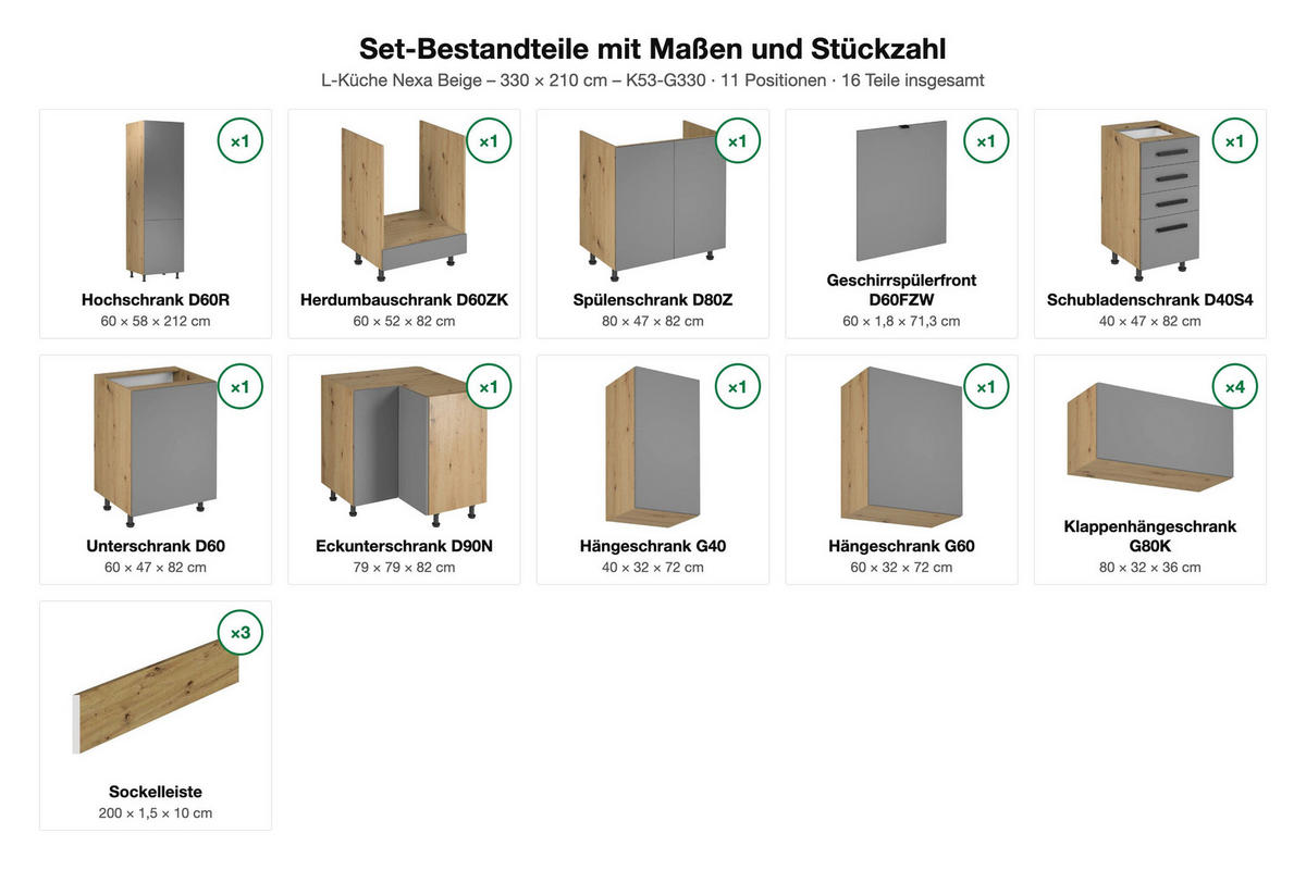 L-KÜCHE Nexa Beige – 330 × 210 cm – K53-G330 - Beige/Schwarz, Holzwerkstoff/Metall (330/210/210cm) - ROYAL24_MARKT