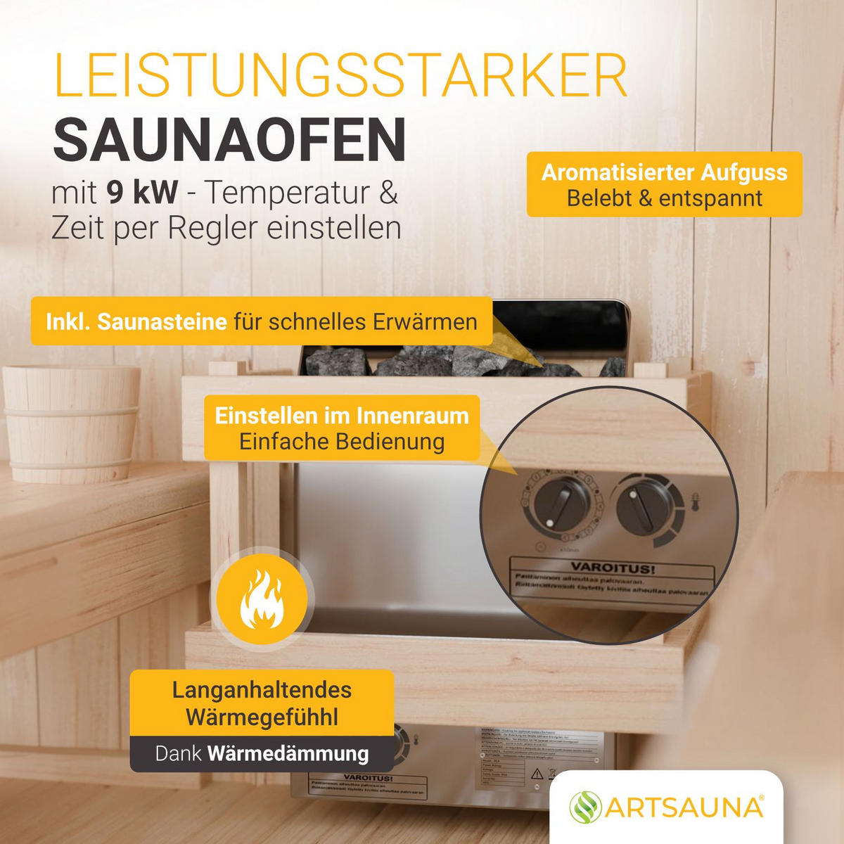FASSSAUNA Fjora L 9 kW Saunaofen (6 Personen) - Naturfarben, Holz (228/225/180cm) - Artsauna