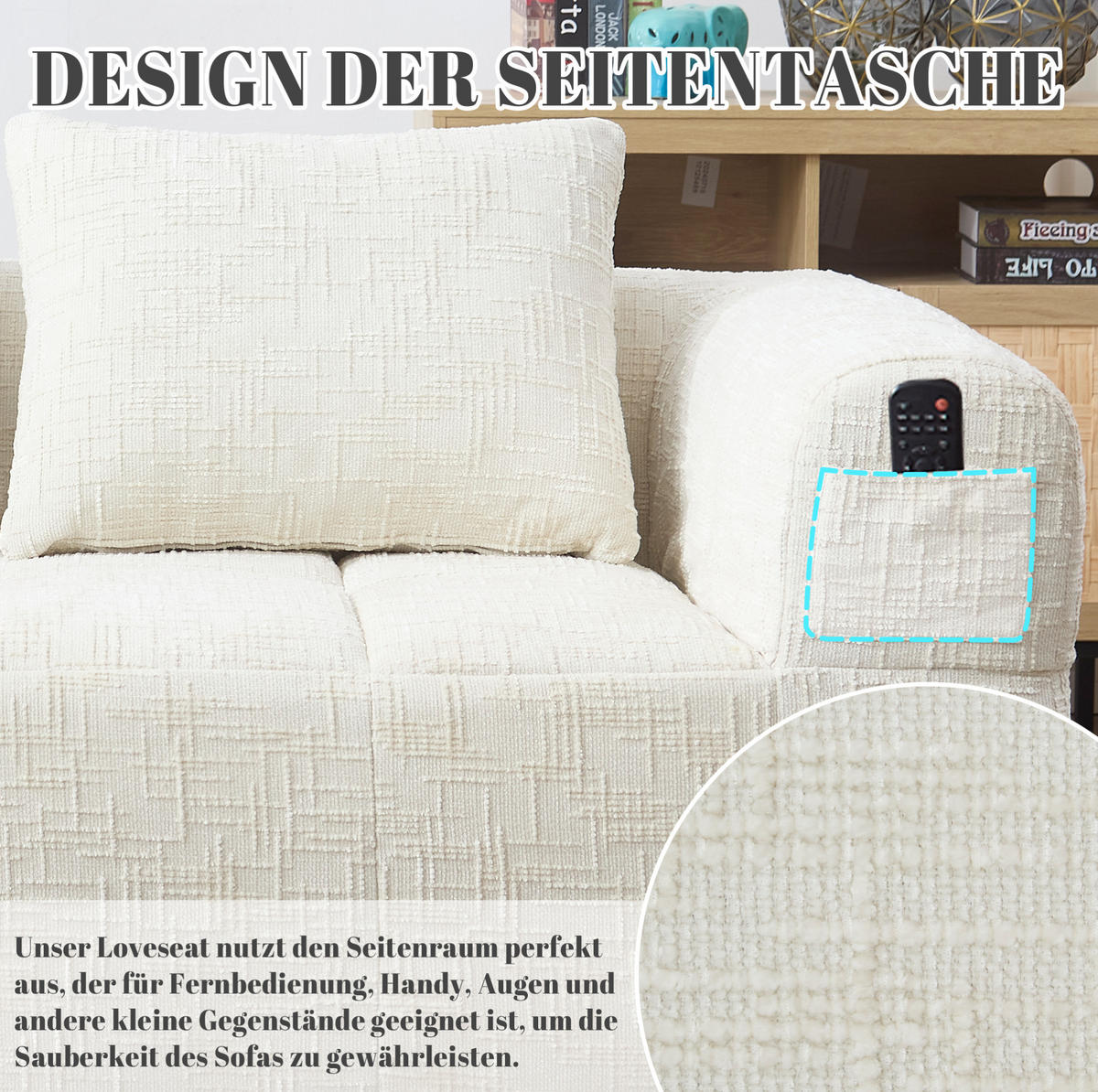 2-SITZER Sofa Chenille mit Chaiselongue und Seitentaschen 158/90/60 cm Beige - Beige, Textil (60/158/90cm) - Redom