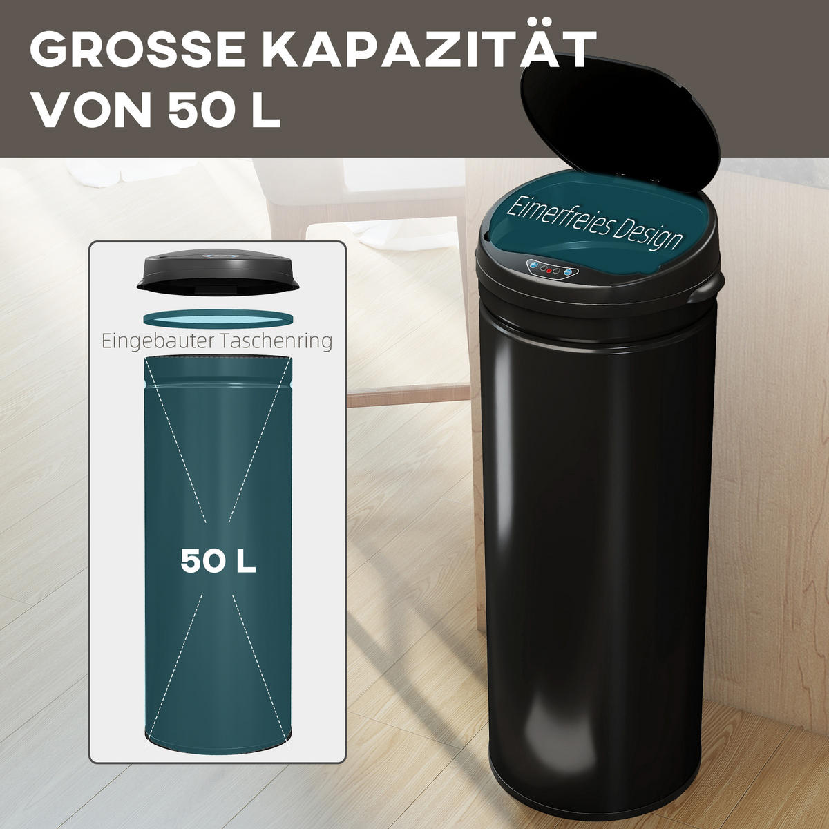 MÜLLEIMER mit Sensor 50L Edelstahl Automatischer Mülleimer mit Soft-Close-Deckel - Schwarz, Metall (30.5/85/30.5cm) - HOMCOM