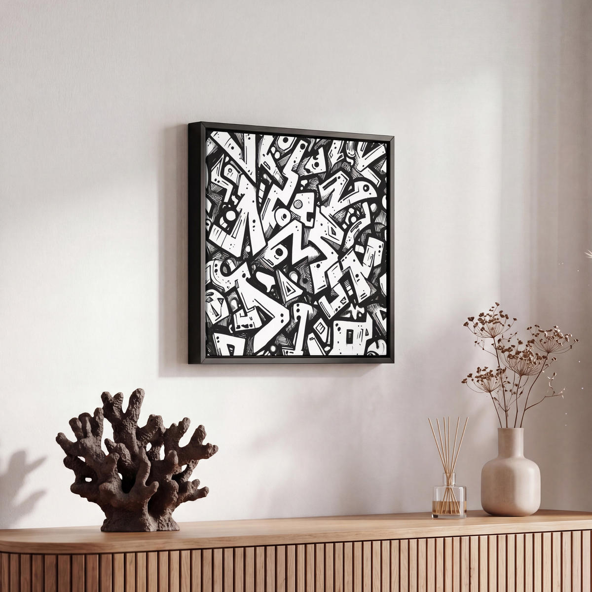 LEINWAND Bilder mit Rahmen - Formen - Buchstaben - Graffiti - Schwarz - 20x20 - Schwarz, Textil (20/20cm) - MuchoWow