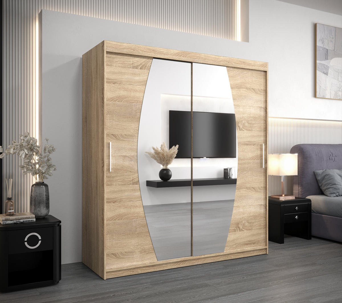 SCHWEBETÜRENSCHRANK 200/180/62 2-türig - Silberfarben/Sonoma Eiche, Holz/Kunststoff (180/200/62cm) - Abiks Möbel