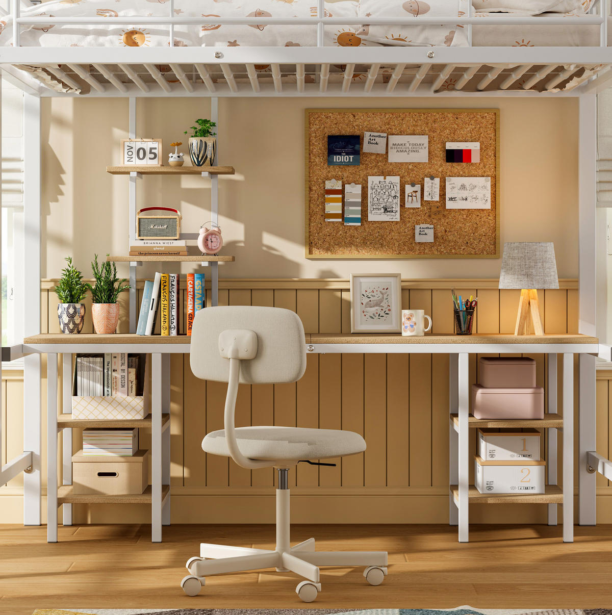 HOCHBETT 90/200 cm aus Metall und MDF mit Schreibtisch und Regalen, Weiß - Weiß, Holzwerkstoff (90/200cm) - Flora Grace