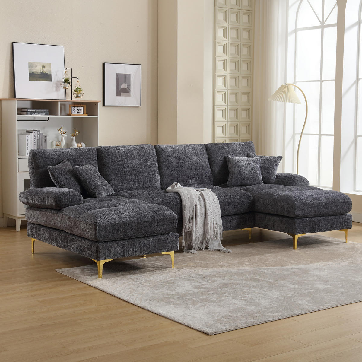 WOHNLANDSCHAFT Chenille Grau mit 2 Liegeflächen und Kissen - Grau, Holzwerkstoff/Textil (272/88/136cm) - WISHDOR