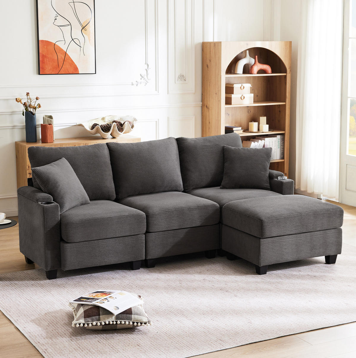 ECKSOFA 213,5/139/87 cm dunkelgrau aus Cord mit Hocker und USB - Dunkelgrau, Textil (139/213.5cm) - OKWISH