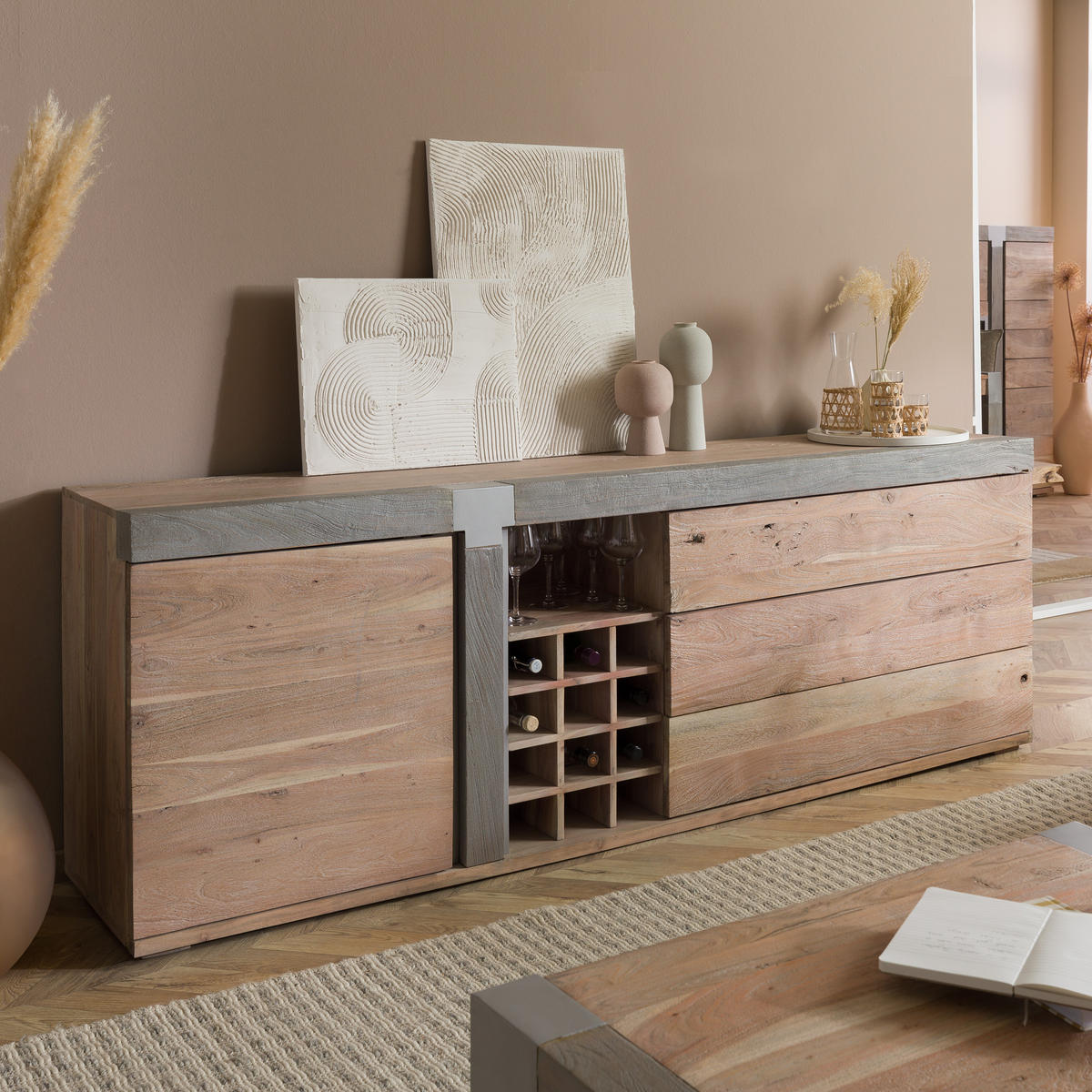 SIDEBOARD Akazie 215x45x75 beige lackiert Amsterdam #129 - Beige, Holz (215/75/45cm) - Massivmoebel24