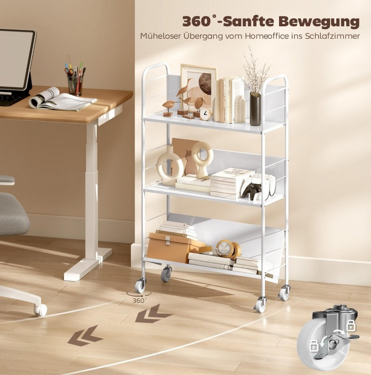 BÜCHERREGAL 69/26/108 cm mit 3 Ebenen, Rollen und Metallgestell, platzsparend, Weiß - Weiß, Metall (69/108/26cm) - Redom