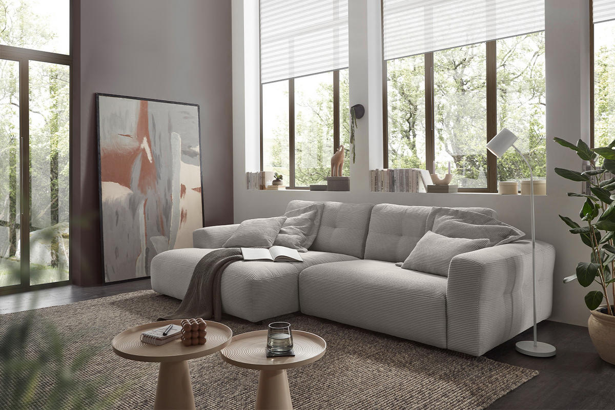 ECKSOFA XL MIKA Hellgrau Cord - Hellgrau/Schwarz, Kunststoff/Textil (296/167cm) - KAWOLA