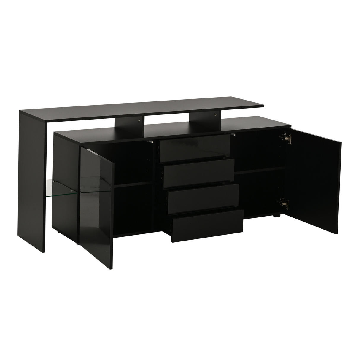 SIDEBOARD aus Spanplatte und Glas 160x35x70 cm Schwarz mit LED-Beleuchtung, 4 Schubladen und Stauraum - Schwarz, Holzwerkstoff (160/70/35cm) - IVMEU