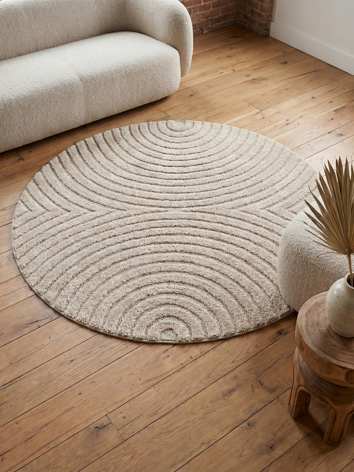 TEPPICH Wohnzimmer Hoch-Tief 3D-Effekt Organische Bögen mit 3D-Effekt OEKO-TEX 3D-Relief Boho Rund Beige 200x200 – RIGI - Beige, Textil (200/200cm) - KADIMA DESIGN