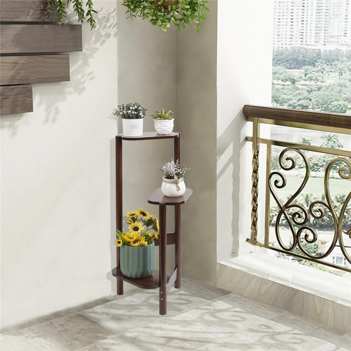 PFLANZENREGAL 3-Tier Bambus für Ecke Balkon und Schlafzimmer, Braun - Braun, Holzwerkstoff (30.48/75/27.4cm) - Kaket