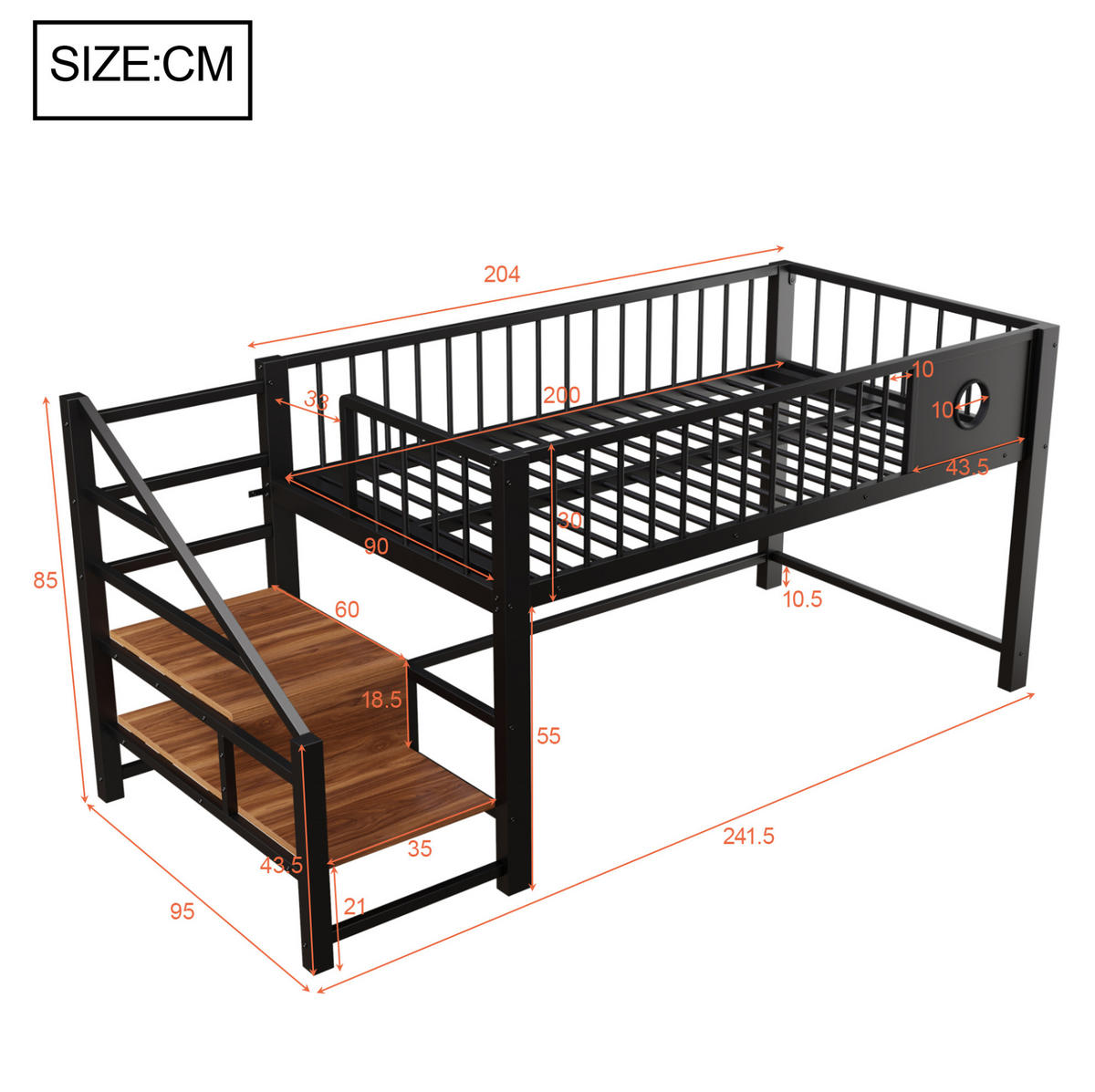 VYSOKÁ posteľ 90/200 cm čierna s úložným rebríkom z MDF a kovu - čierna, kov (90/200cm) - OKWISH