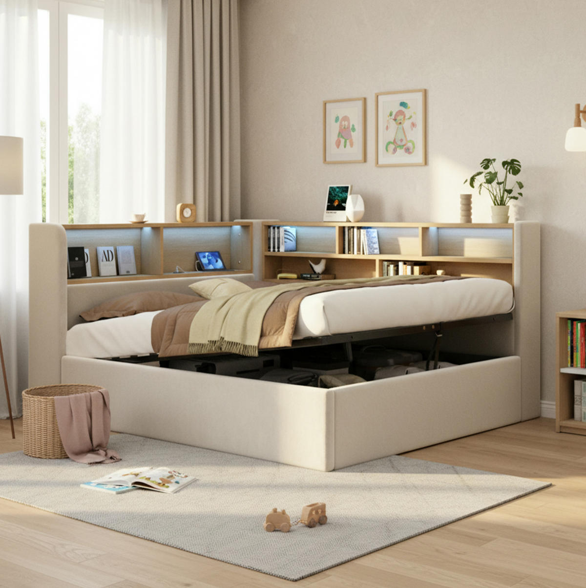 POLSTERBETT 140x190 cm in Beige mit hydraulischem Stauraum, LED-Beleuchtung und USB-C-Anschlüssen - Beige, Textil (140/190cm) - IVMEU