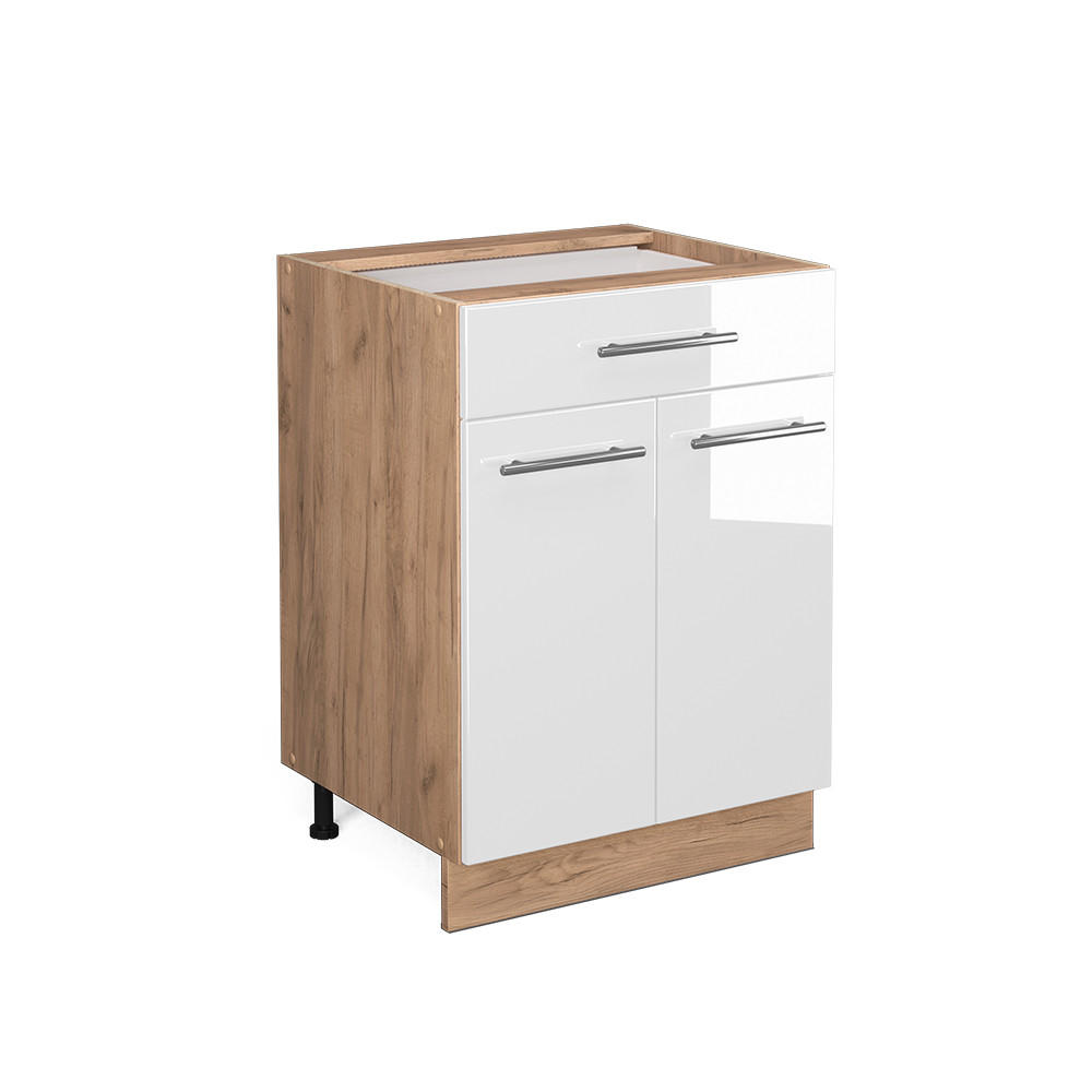 KÜCHENUNTERSCHRANK Fame-Line Weiß Hochglanz 60 cm mit Schublade ohne AP - Weiß Hochglanz/Eiche Wotan, Holzwerkstoff (60/82/51.6cm) - Vicco