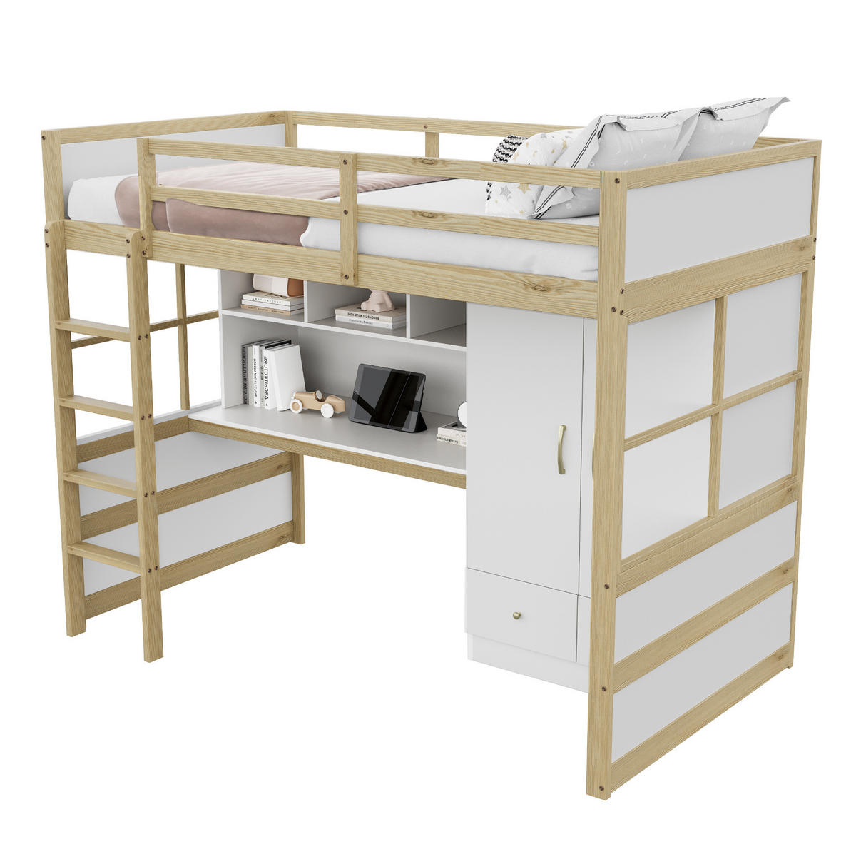 HOCHBETT 90/200 cm in Naturfarbe mit Schreibtisch, Kleiderschrank und Schubladen - Naturfarben, Holz (90/200cm) - Flora Grace