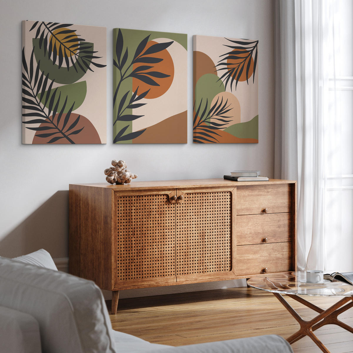 LEINWANDBILDER 3-er Set Blätter Boho - Beige/Schwarz, Textil (90/40cm) - Muralo