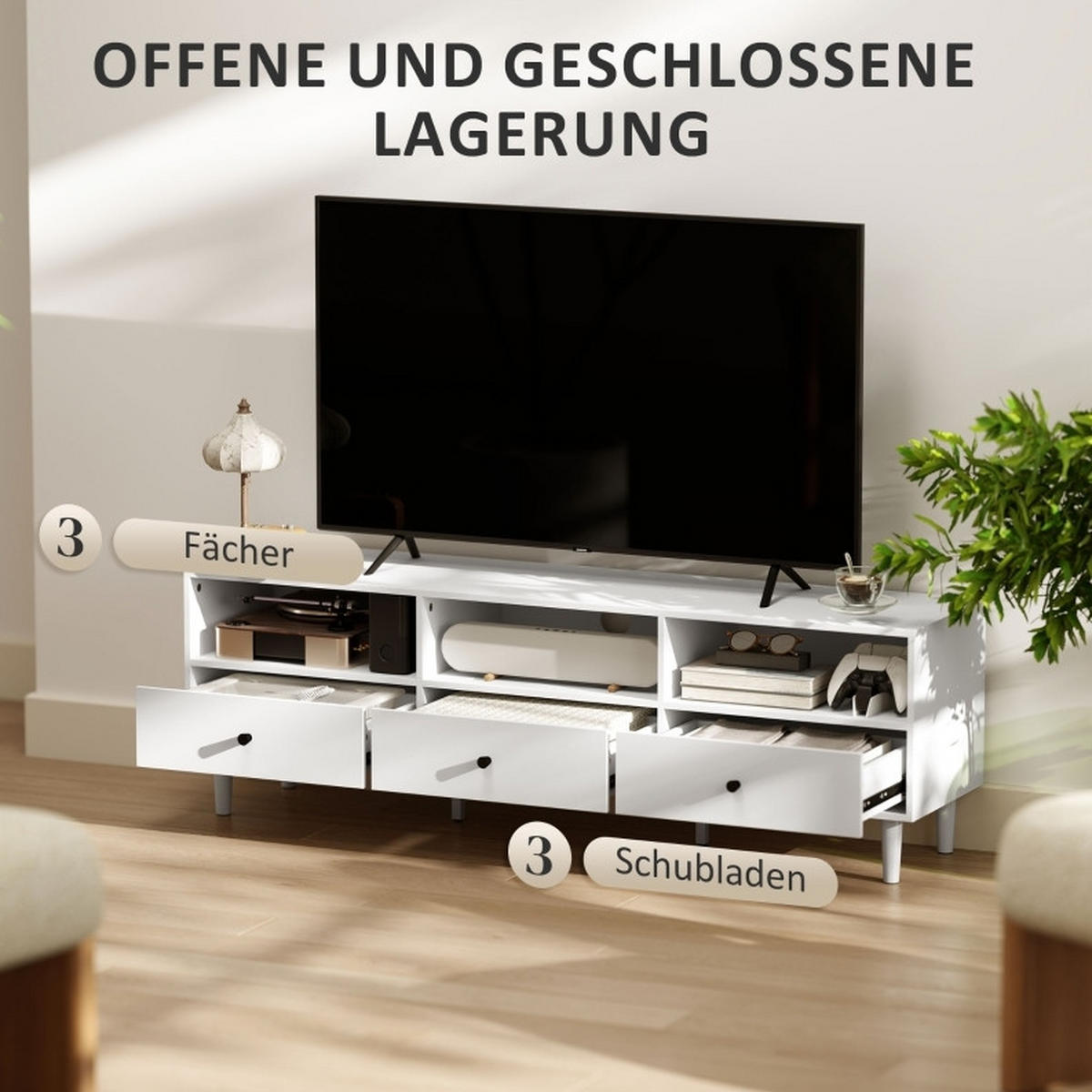 TV ormarić 140/34/45 cm bijeli od drva s ladicama i otvorom za kabele - bijela, drvni materijal (140/45/34cm) - OKWISH