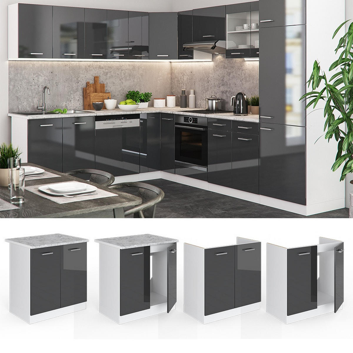 SPODNJA OMARICA ZA POMIVALNO KORITO R-Line Antracit z visokim sijajem 80 cm brez delovne plošče - črna/bela, leseni material (80/81.6/46cm) - Vicco