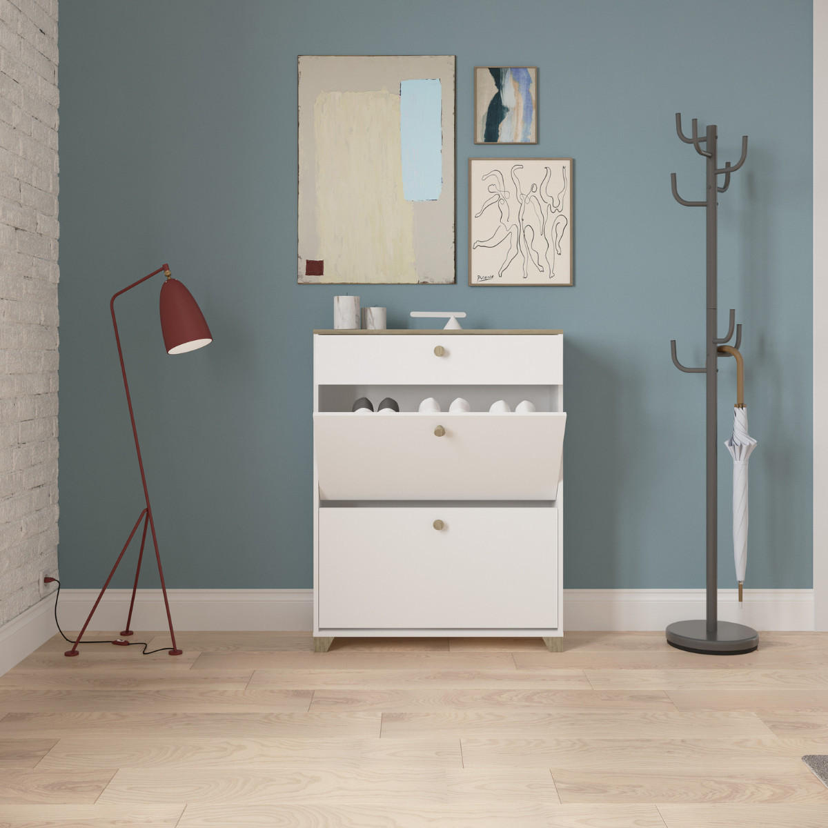 SCHUHMÖBEL 2 Klappen und 1 Schublade Kronberg Eiche und Weiß Dekor - L80,8 cm - Weiß, Holzwerkstoff (24.4/104.3/80.8cm) - Calicosy