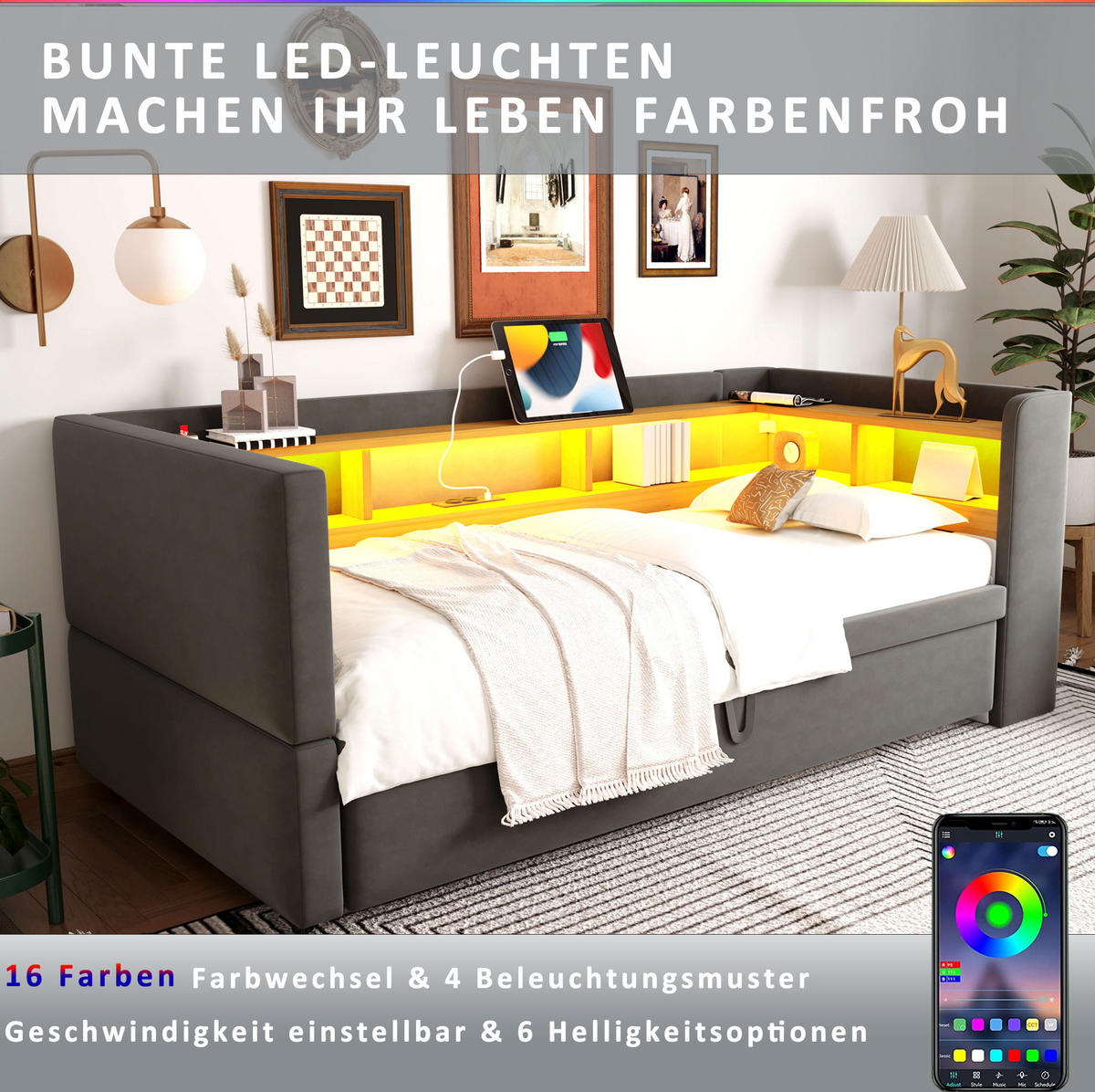 SCHLAFSOFA 90/190 cm mit LED-Beleuchtung, Steckdosen, Ablagefächern und Flanellbezug, Dunkelgrau - Dunkelgrau, Textil (199/80/211cm) - Redom