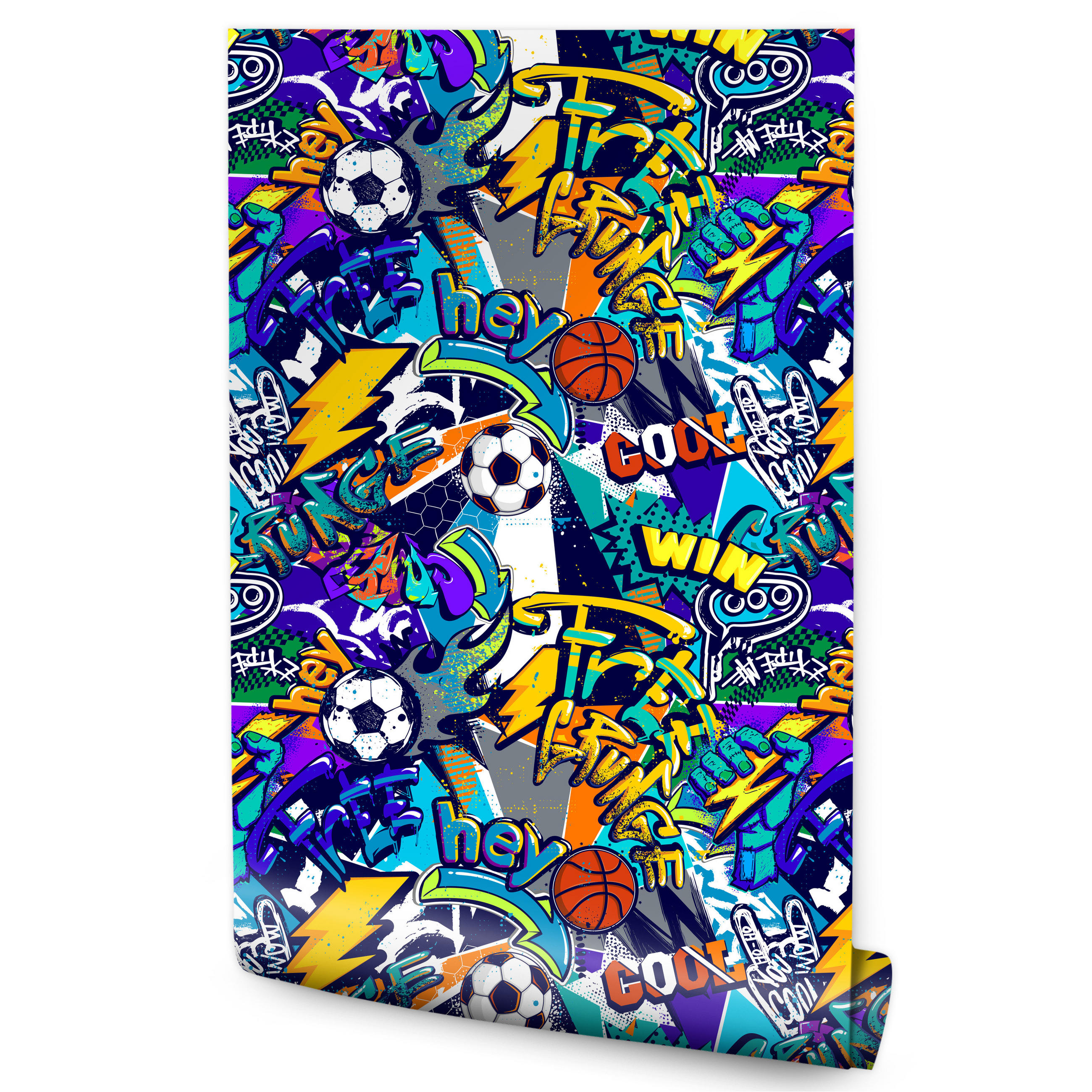VLIESTAPETE Fußball-Graffiti – Blau, Gelb, Bunt – 50x1000 cm - Blau/Gelb, Papier (50/1000cm) - Muralo