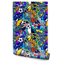 VLIESTAPETE Fußball-Graffiti – Blau, Gelb, Bunt – 50x1000 cm - Blau/Gelb, Papier (50/1000cm) - Muralo