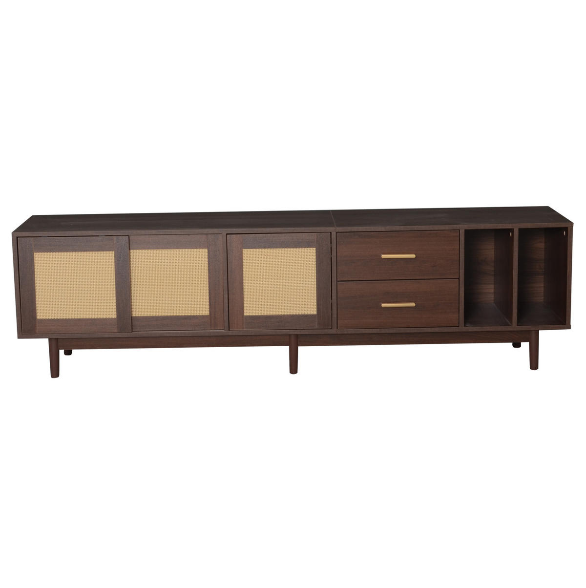 TV-LOWBOARD aus MDF 190x40x52 cm Braun mit Rattanfront, 3 Türen, 2 Schubladen und 2 offenen Fächern - Braun, Holzwerkstoff (190/52/40cm) - Modfu