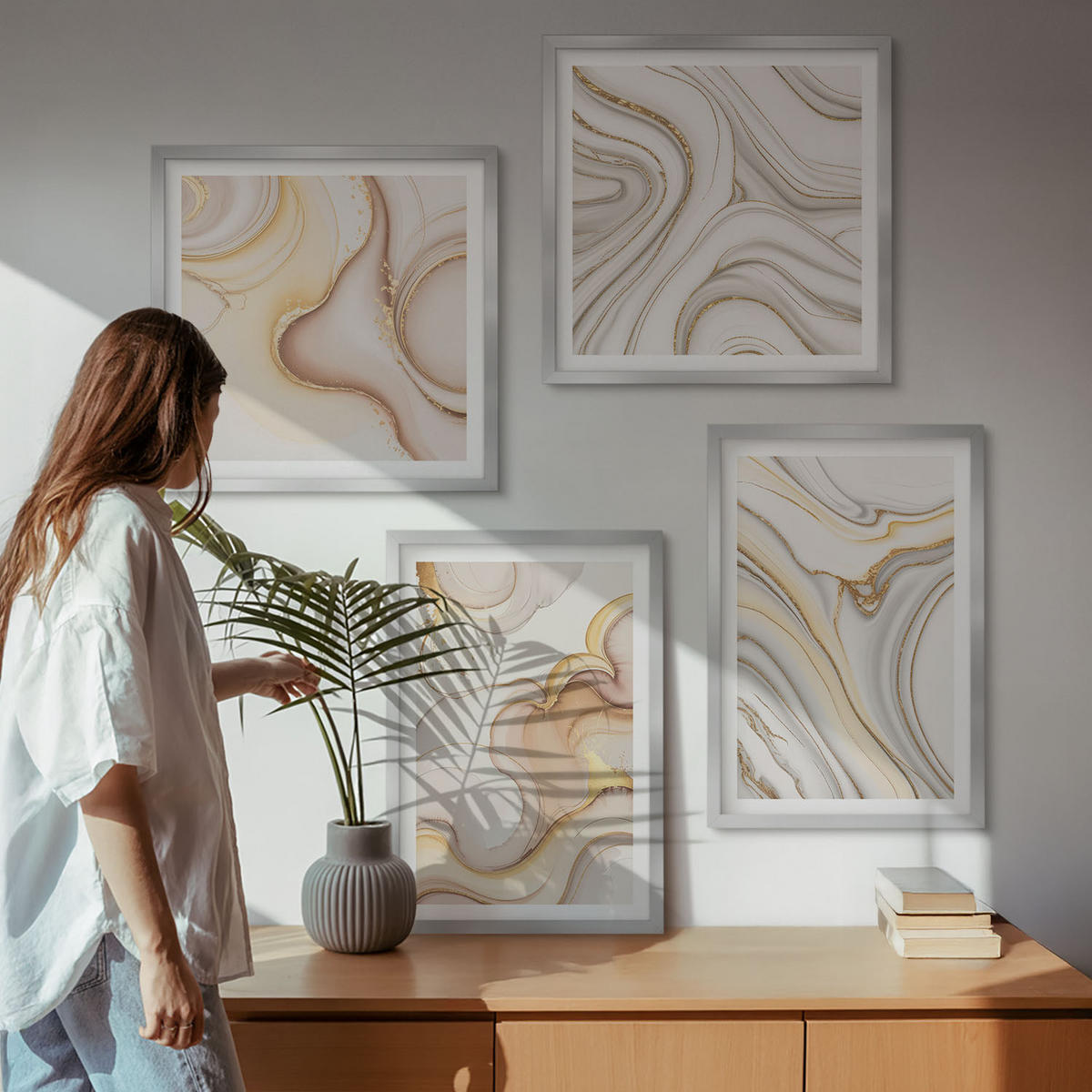 BILDER SET 4er Set - 50x50 cm & 40x60 cm Silberner Rahmen - Lineare abstrakte Motive - Silberfarben, Kunststoff (50/50cm) - TULUP