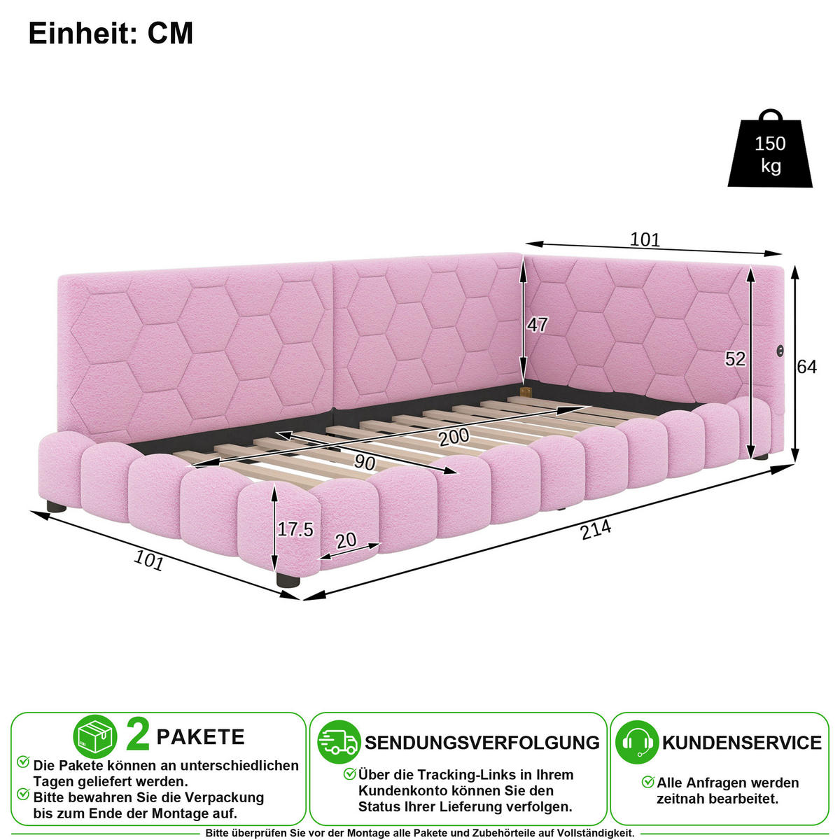 SCHLAFSOFA 90/200 cm in Rosa Samt mit LED, USB und Type-C - Rosa, Holzwerkstoff/Textil (90/200cm) - CHICFURN