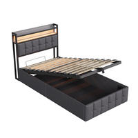 POLSTERBETT 90x200 cm Smart-Sleep Pro mit Hydraulik-Stauraum, RGB-LED & Ladestation, Leinen-Optik, Grau - Grau, Textil (90/200cm) - DELFA