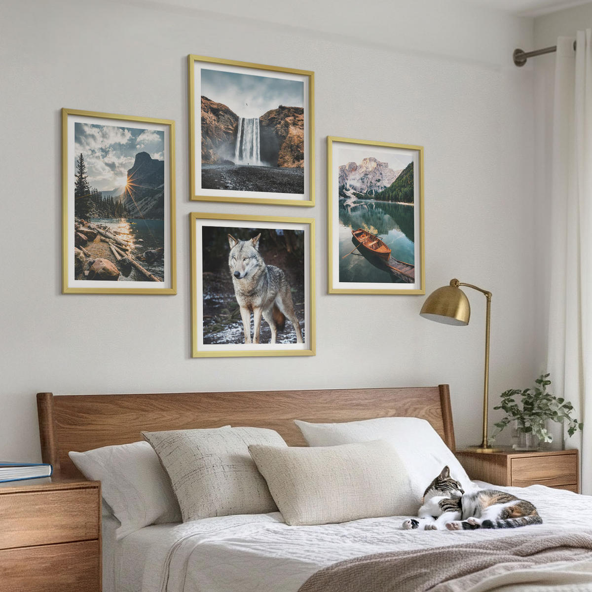 WANDBILDER 4er Set - 50x50 cm & 40x60 cm Goldrahmen - Berge, Seen, Wasserfall, Wolf - Goldfarben, Kunststoff (50/50cm) - ArtPrintCave
