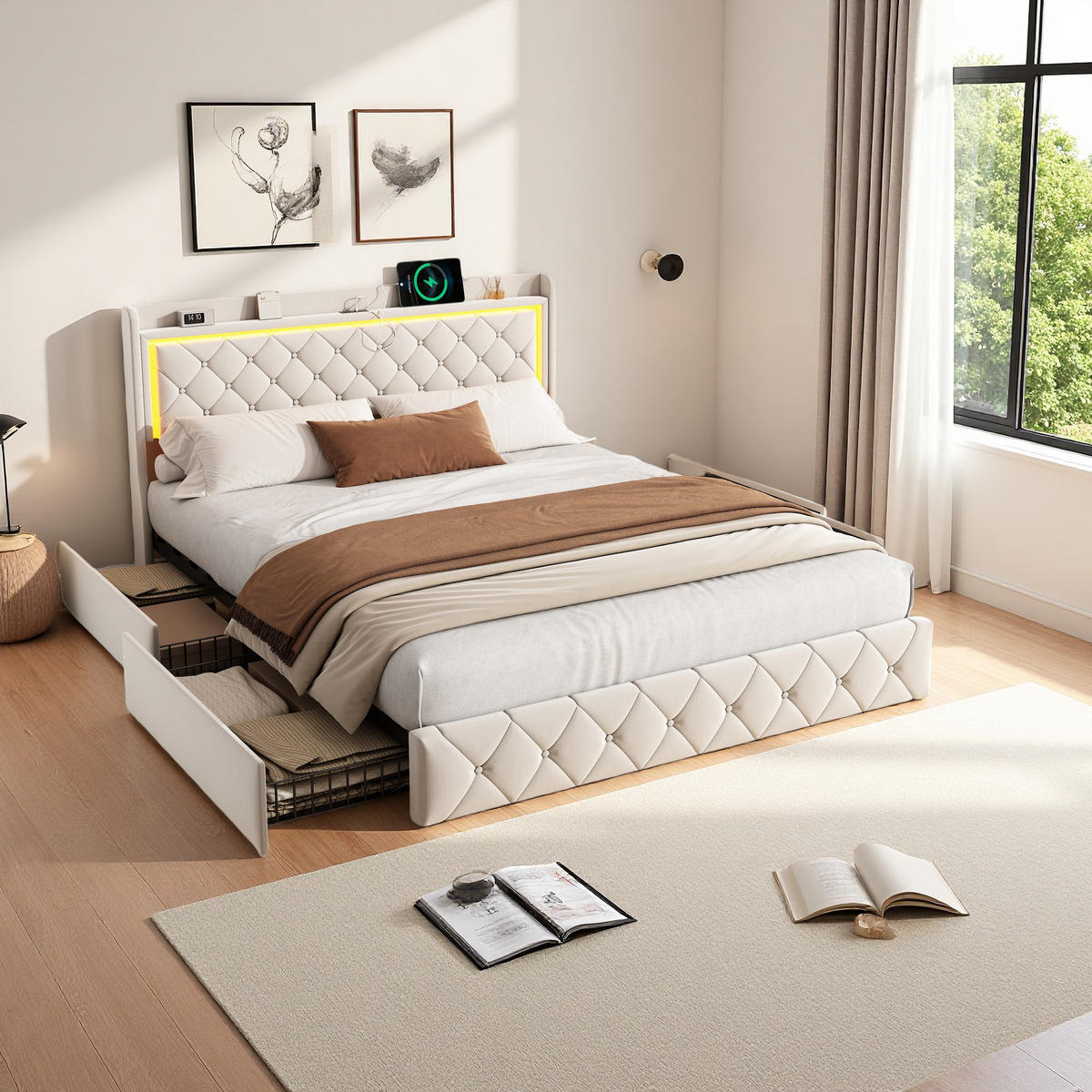 POLSTERBETT 160x200 cm LED USB Stauraum 4 Schubladen Lattenrost beige - Beige, Holz (160/200cm) - LEBENLANG