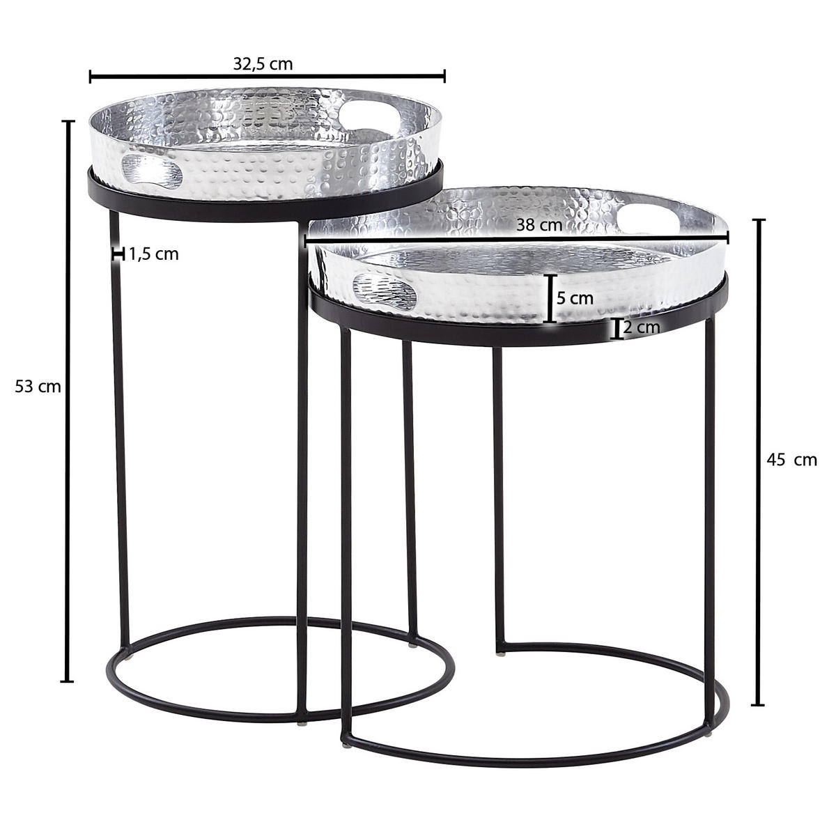 BEISTELLTISCH Aluminium Stahl Hammerstruktur Abnehmbare Platte NERA, Silber 38x38x45 cm - Silberfarben/Schwarz, Metall (38/38/45cm) - KADIMA DESIGN