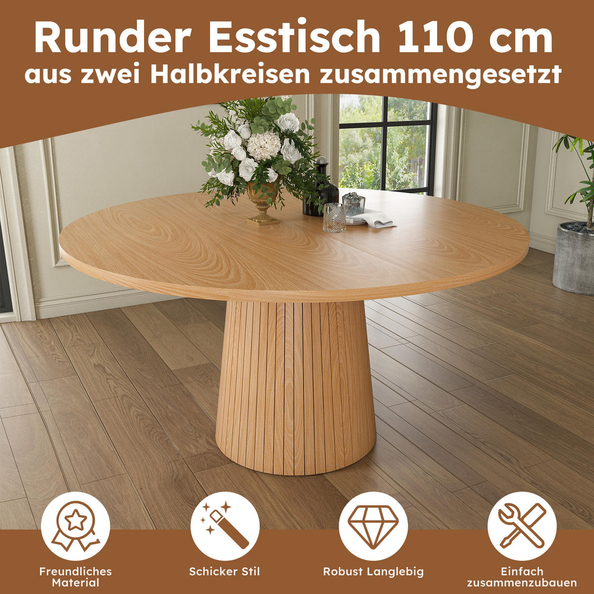 ESSTISCH 110/110/75 cm in Eichenoptik mit MDF-Tischplatte und Säulenfuß - Naturfarben, Holzwerkstoff (110/110/75cm) - CHICFURN