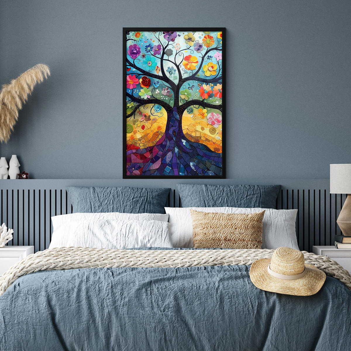 POSTER MIT RAHMEN Kunst - Baum des Lebens - Blumen - Hippie 60x90 cm - Dunkelblau, Papier (60/90cm) - MuchoWow