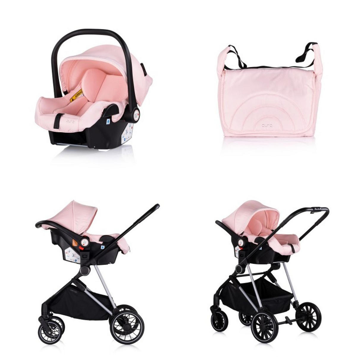 KOMBIKINDERWAGEN Aura 3 in 1 pink Autositz, Babywanne, Wickeltasche, bis 22 kg - Rosa, Metall (98/60/106cm) - Chipolino