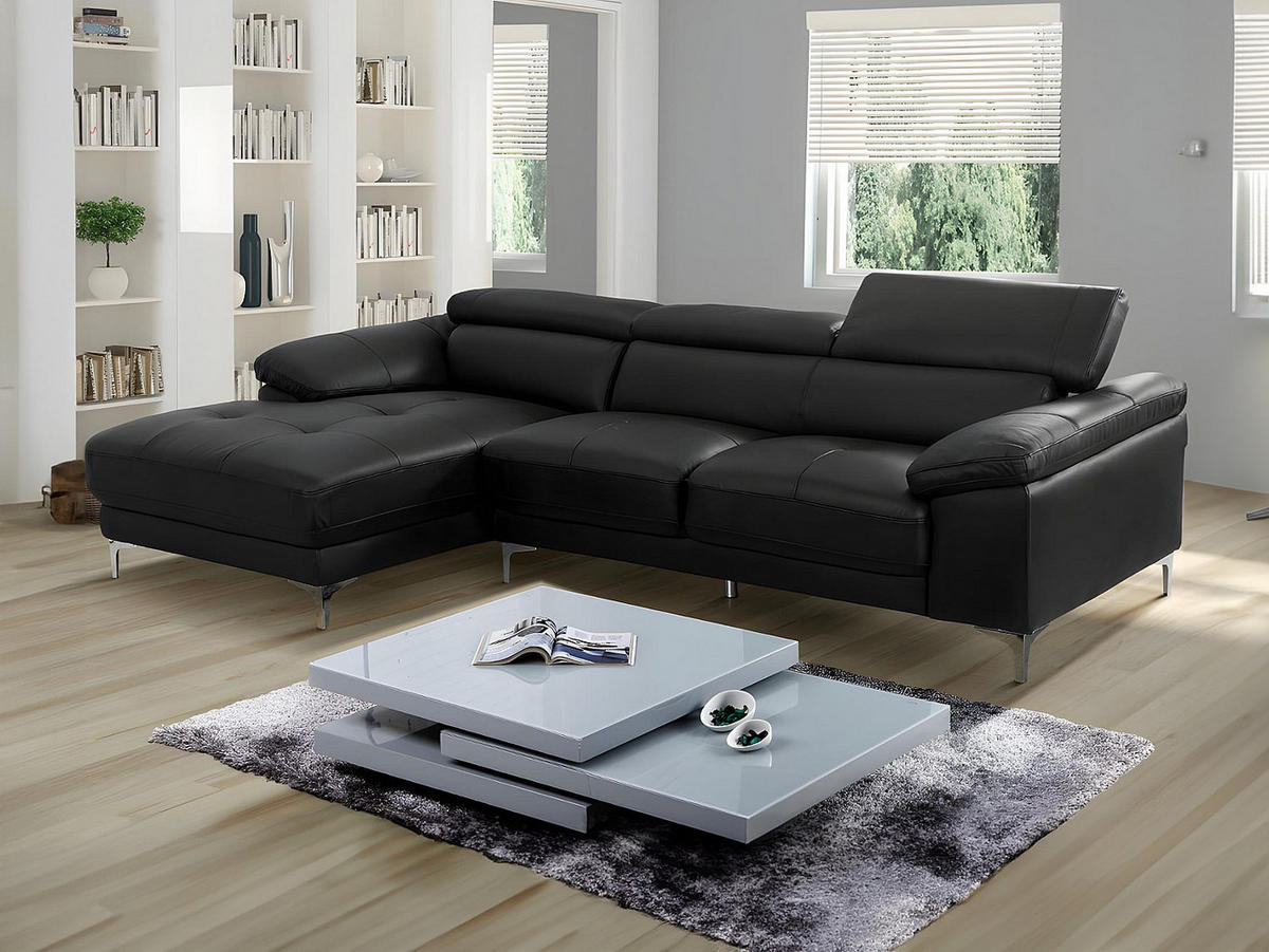 ECKSOFA - Ecke Links - Leder - Schwarz - SOLANGE - Schwarz, Leder (265/167cm) - Vente-Unique