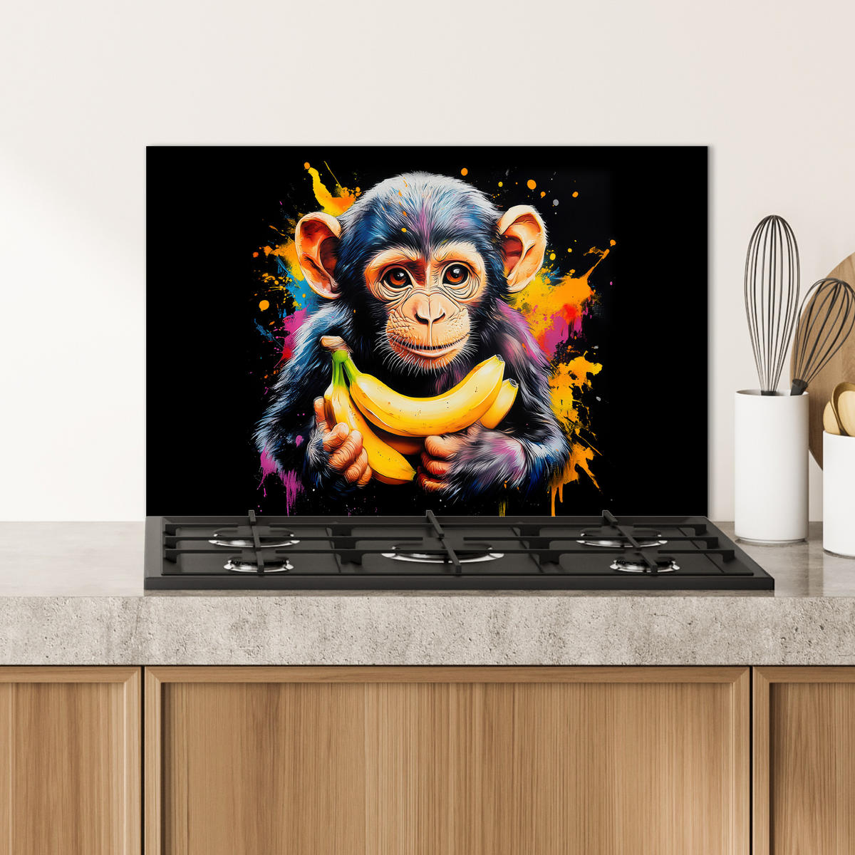 SPRITZSCHUTZ KÜCHE Affe - Graffiti - Farbenfroh - Bananen - Modern 60x40 cm - Gelb, Metall (60/0.3/40cm) - MuchoWow