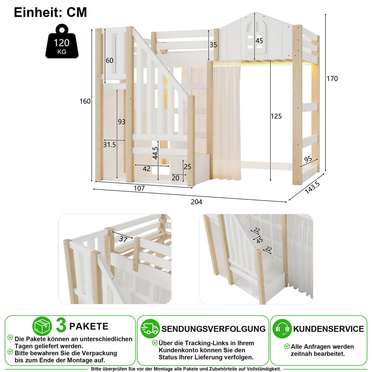HOCHBETT 90/200 cm in Weiß & Natur mit LED, Ablageleiter und Staufach - Weiß/Naturfarben, Holz/Holzwerkstoff (90/200cm) - CHICFURN