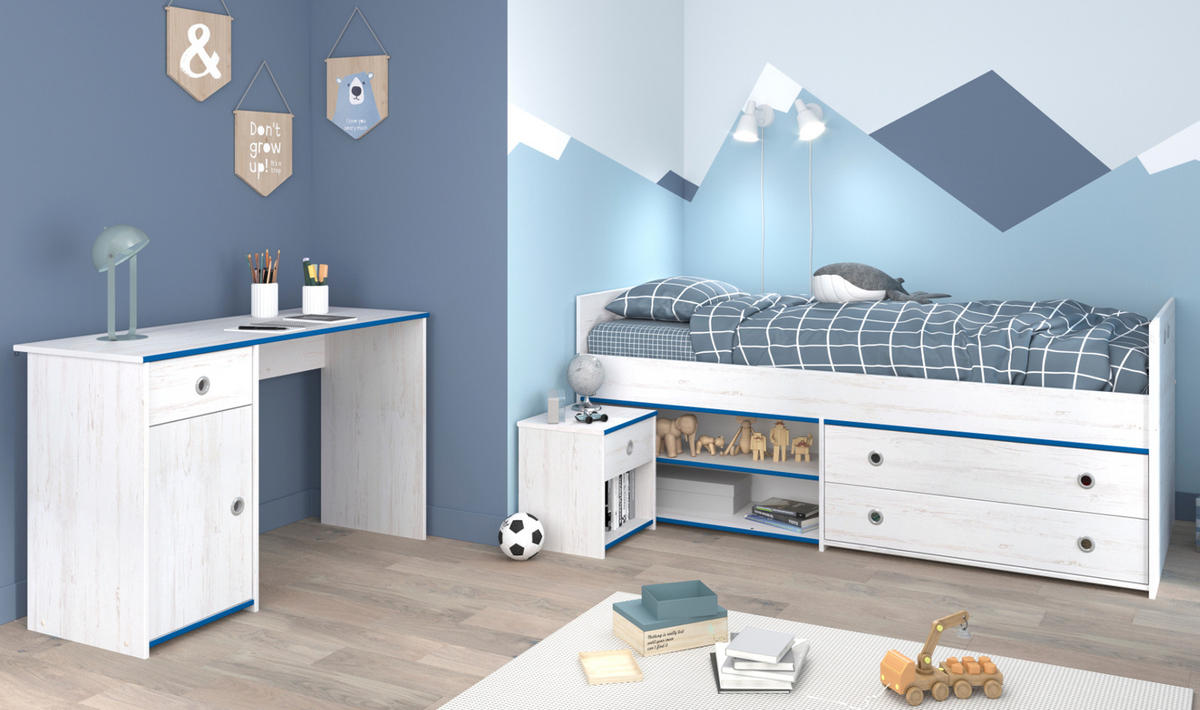 JUGENDZIMMER Set Stauraumbett 90 x 200 Schreibtisch Nachttisch - Silberfarben/Weiß, Holzwerkstoff/Kunststoff (98/80/207cm) - Parisot Meuble