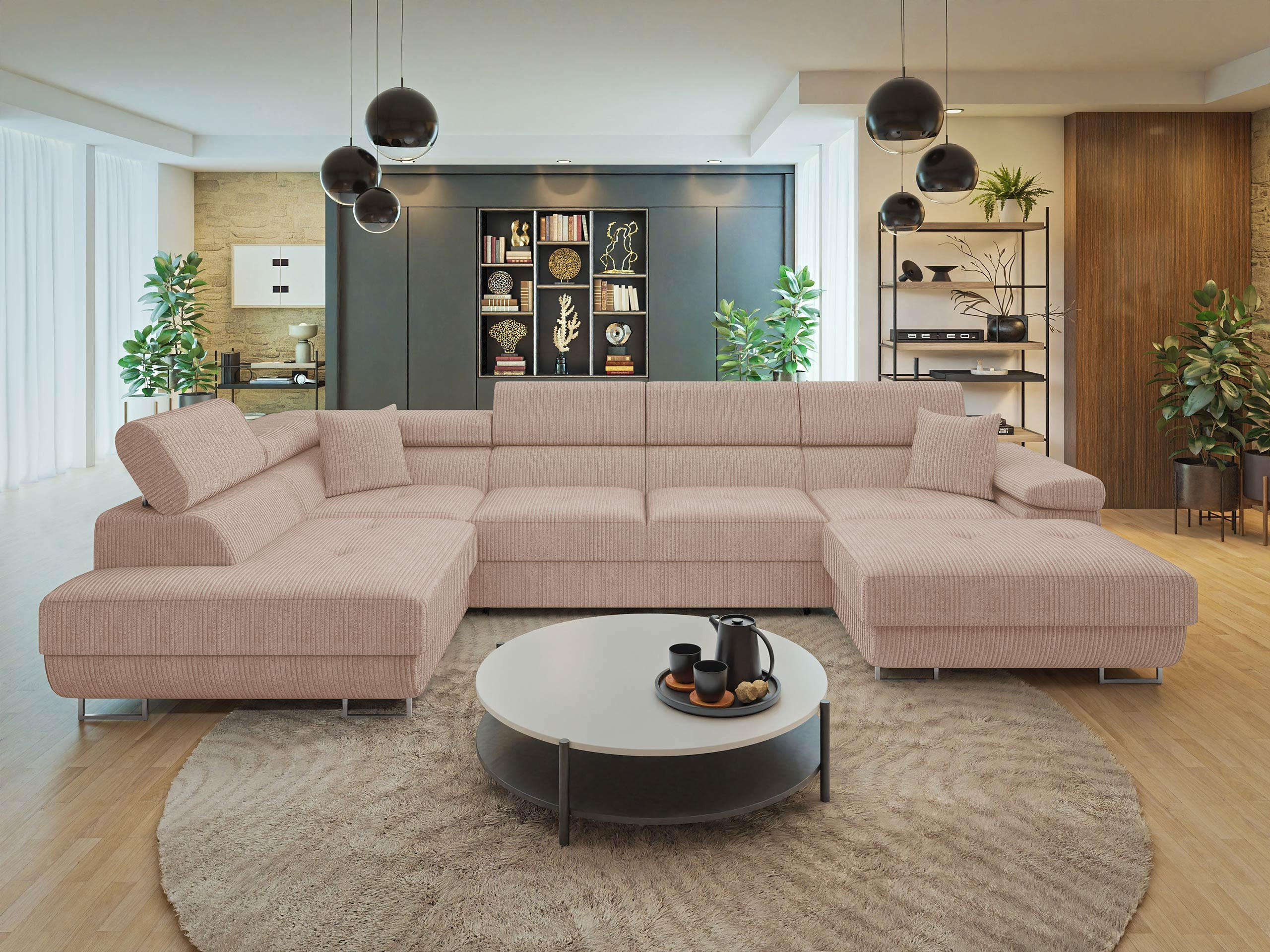 WOHNLANDSCHAFT Torezio Bis Cord, Seite: Links - Rosa, Holz/Textil (346/90/203cm) - MIRJAN24