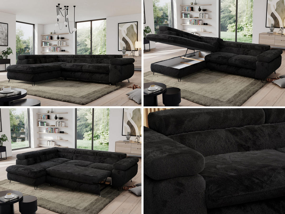 ECKSOFA PEDRO L Schwarz Plüsch - Links Seite - Schwarz, Textil/Metall (208/273cm) - MKS