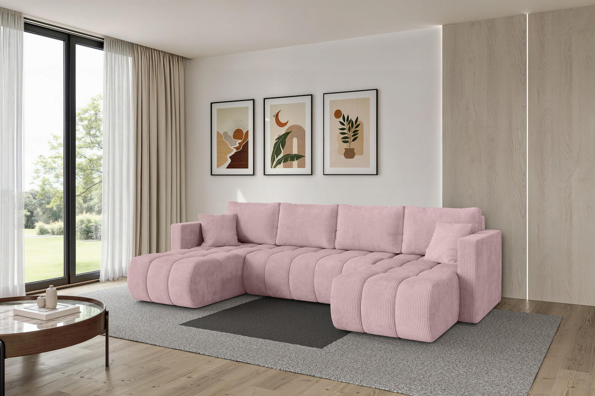 SEDACÍ SOUPRAVA DO U s funkcí spaní a úložným prostorem GARD-U 300x146x85 růžová manšestr - růžová/černá, kompozitní dřevo/textil (300/85/146cm) - ALTDECOR