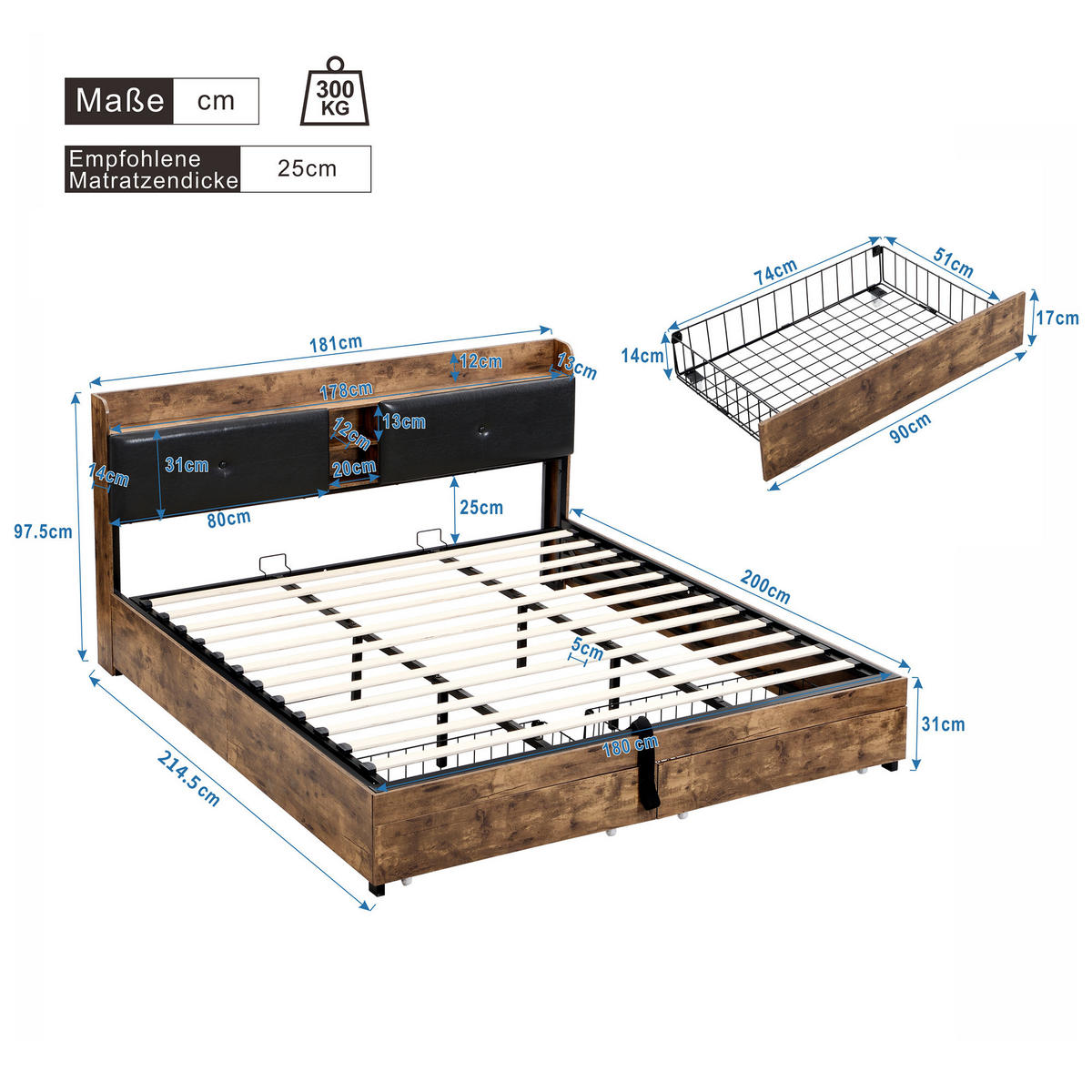 METALLBETT 180x200, hydraulisch, Kopfteil Stauraum, Lattenrost, Schwarz - Naturfarben, Holzwerkstoff (180/200cm)