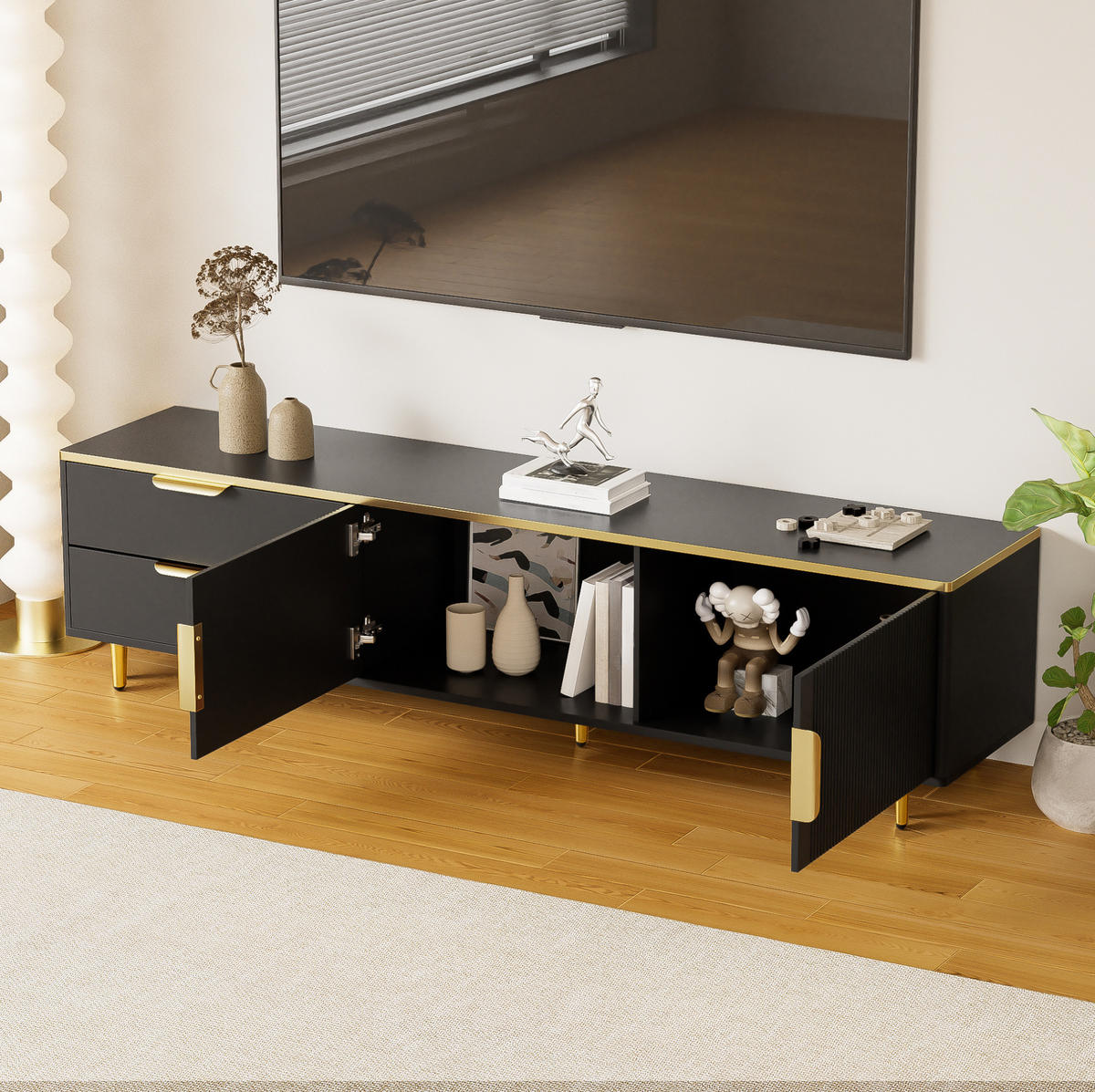 TV omarica 170/45/37 cm z 2 predaloma, 2 vrati in izrezljanimi frontami iz MDF in ivernih plošč, Črna in zlata - črna, leseni material (170/45/37cm) - Redom